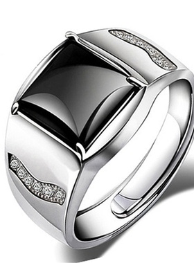 型男款霸气戒指黑玛瑙男戒开口可调节韩版光面正方黑宝石活口指环