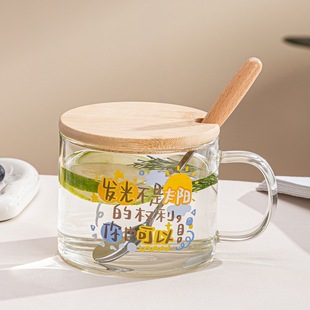 ins高硼硅玻璃杯牛奶早餐杯加盖勺吸管喝水杯大号宿舍家用女礼物