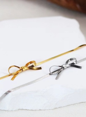 新款简约百搭轻奢小众高级感不锈钢镀18k金侧面蝴蝶结项链