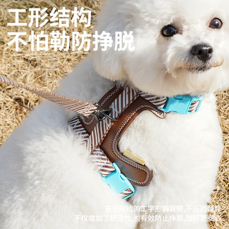 zeze皮质牵引绳工字型防挣脱狗绳可调节小型犬胸背带外出宠物用品