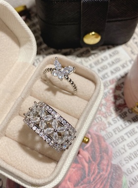 山茶高定宽托新款四叶草排指  满钻中古风奢华镀白金闭口指环