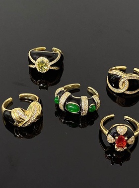 法式复古珐琅彩芬达钻高级感开口戒指玛瑙橄榄石冷淡风气质指环