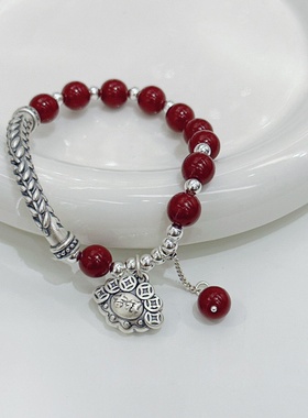 999足银吉祥手链复古轻奢大麦弯管手工民族风流苏朱砂手串