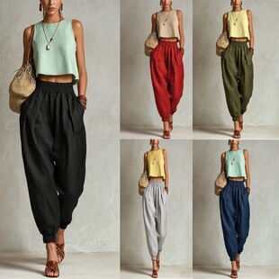 松紧腰休闲宽松束脚哈伦裤 Ladies' elastic waisted harem pants