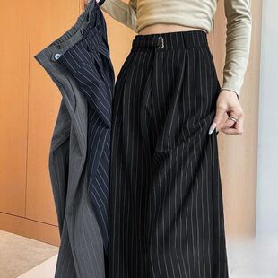 宽松阔腿条纹西装裤女High waisted wide leg striped suit pants