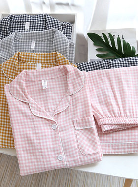 Thin plaid lapel pajama pants suit  薄款格子翻领睡衣裤套装女