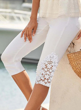 White lace patchwork seven-inch pants 白色蕾丝拼接修身七分裤