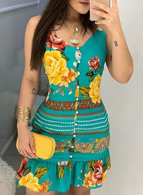 Printed sling sleeveless dress female   印花吊带无袖连衣裙女