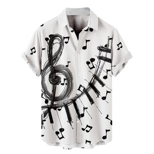 3D note print shirt with short sleeves休闲3D音符印花衬衫短袖