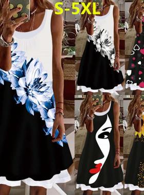 Printed sleeveless fake two dresses  印花无袖假两件连衣裙女