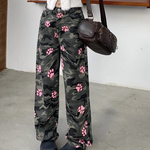 Casual high-waisted print straight leg pants高腰印花直筒长裤