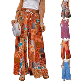 cord pull patchwork leg pants印花拼接抽绳阔腿裤 wide Printed