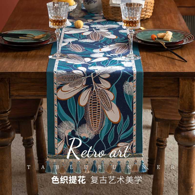 热销美式复古流苏桌布家用餐桌装饰长条桌旗提花床旗