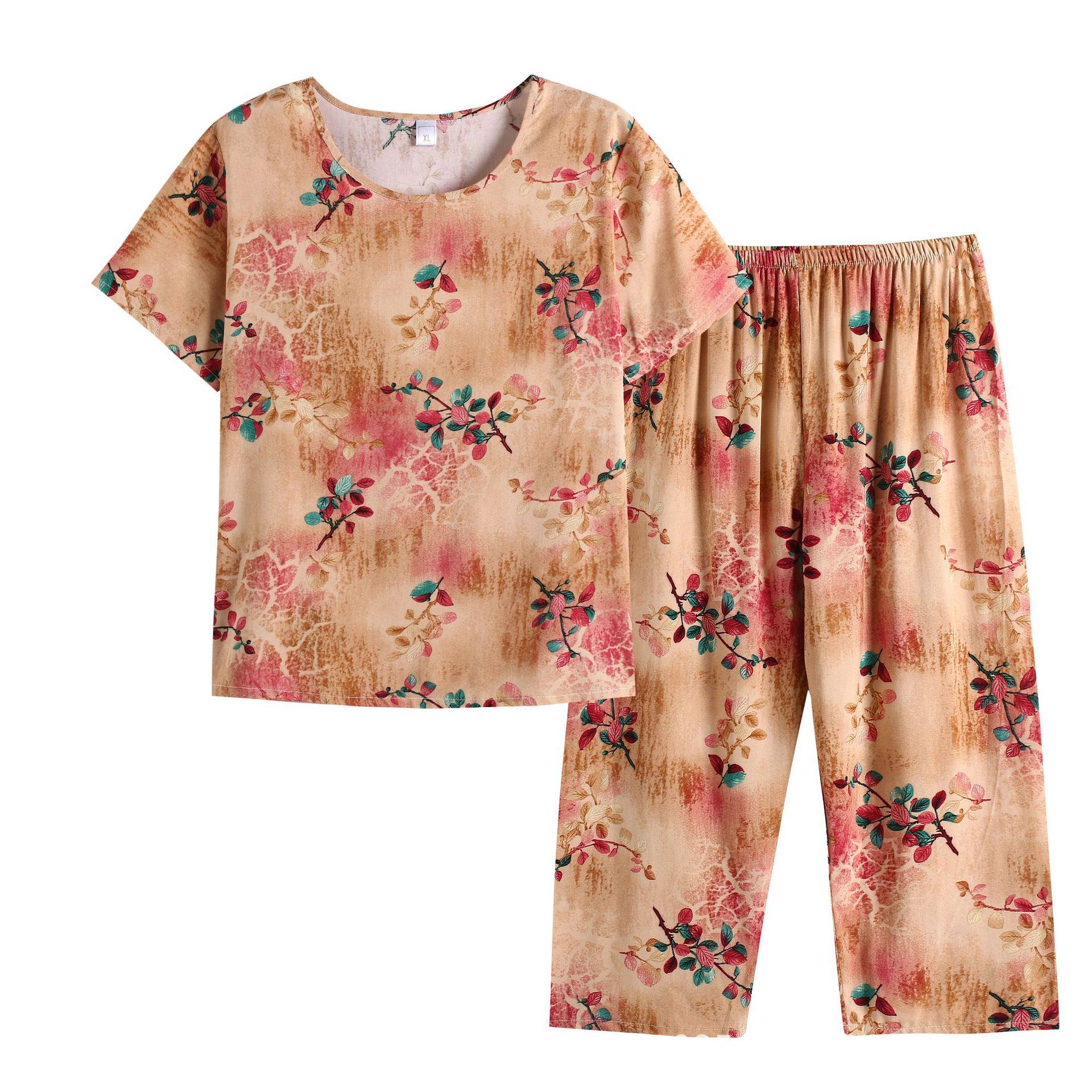 低价中老年夏装女妈妈装棉绸奶奶装夏季衣服套装透气可外穿家居服