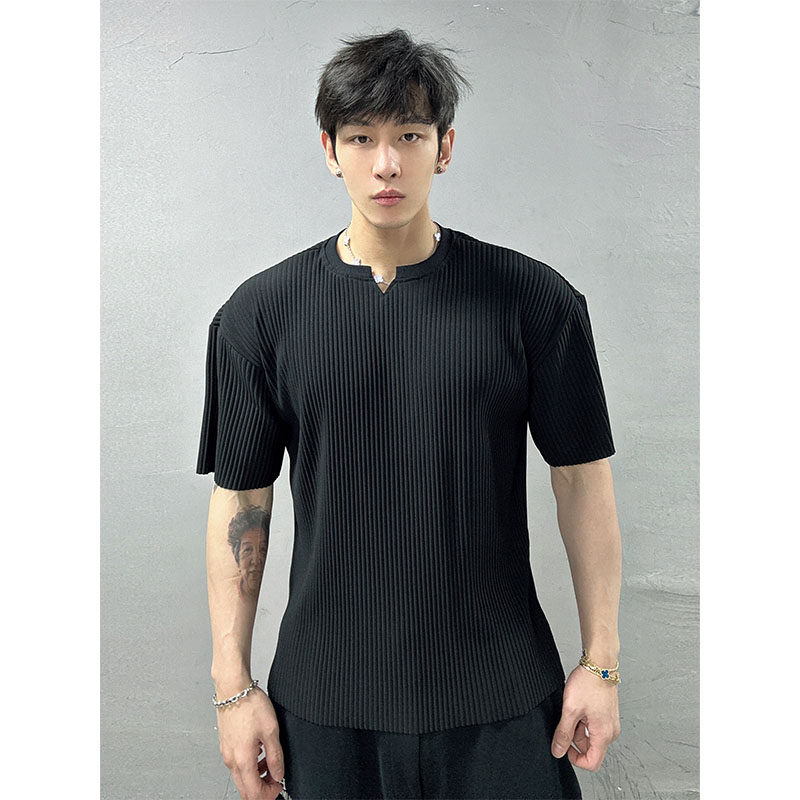 V领垂感褶皱短袖美式休闲