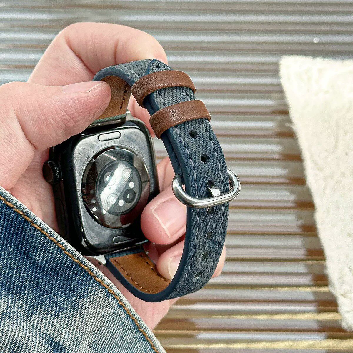 适用苹果iwatchS11智能手表带applewatchS10扎染牛仔复古皮表带S9小蛮腰se帆布S8高级感S7创意ultra3潮流腕带