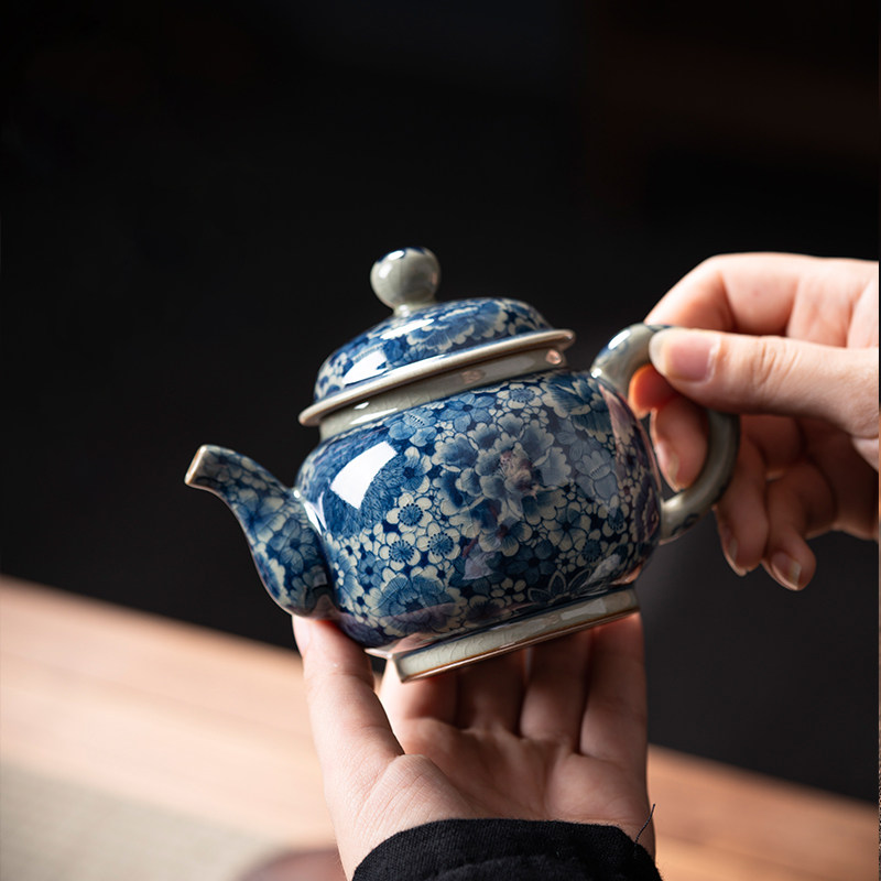 茶壶茶具 景德镇手绘青花彷古柴窑万花瓷茶壶单壶家用功夫泡茶壶