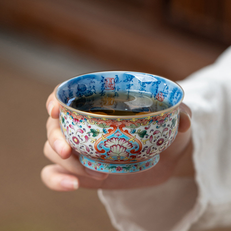 陶福德景德镇纯手绘珐琅彩主人杯单杯高档青花陶瓷功夫茶具品茗杯