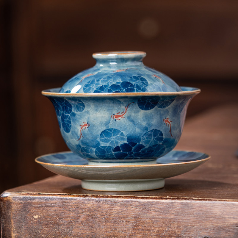 陶福德手绘青花柴窑鱼儿三才盖碗茶杯景德镇中国风陶瓷茶具手工