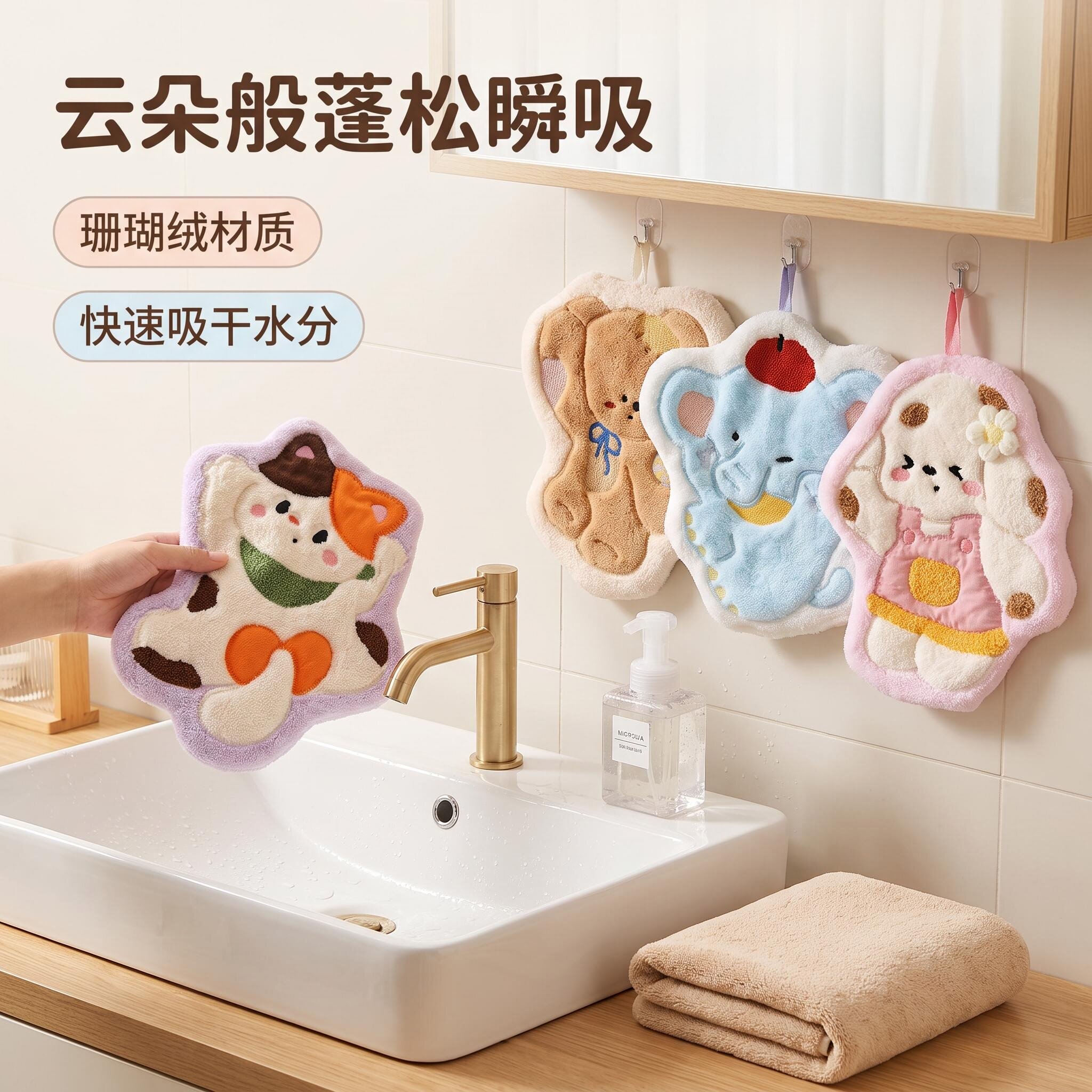 卡通擦手巾加厚珊瑚绒吸水可爱动物毛巾家用浴室厨房悬挂手巾手帕