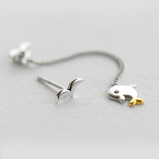 925纯银耳钉 海豚不对称长款耳环 女 耳饰 韩版简约纯银饰品