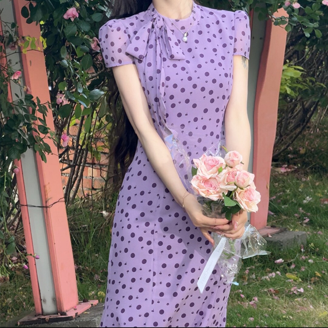 LILI李李家香芋黑巧韩系紫色波点长裙2025夏新品鱼尾裙连衣裙