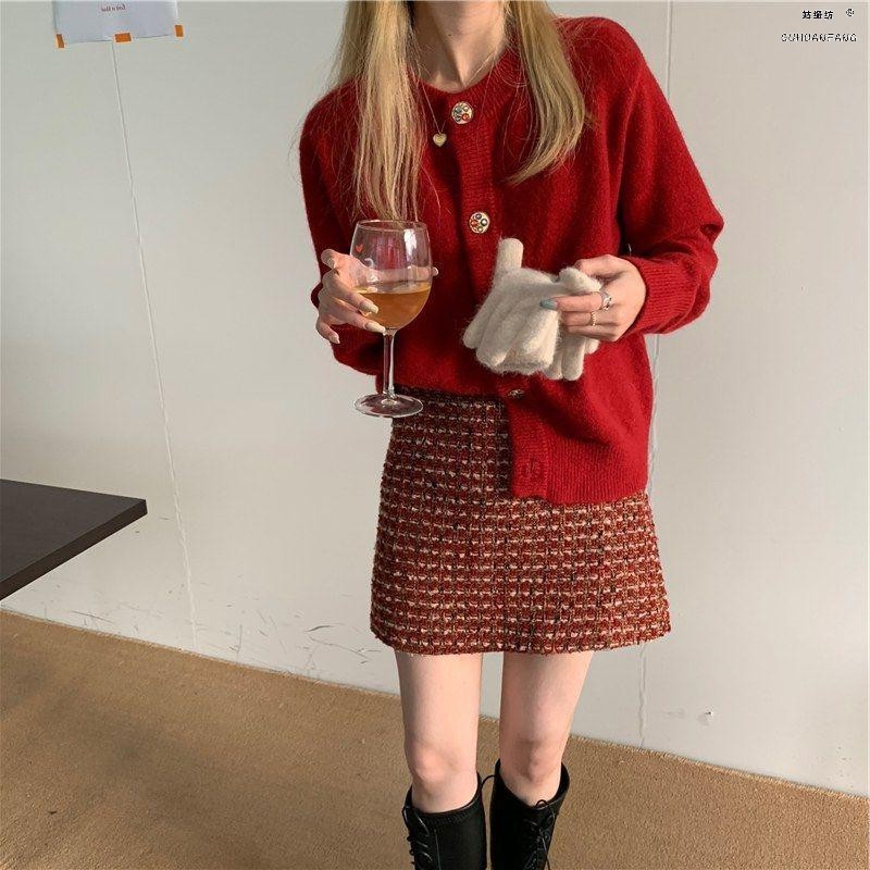 姑缓纺圣诞毛衣本命年跨冬季女装子新喜装爱法式连衣裙红色年战袍