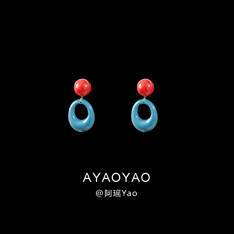 复古港风蓝色耳环女新款