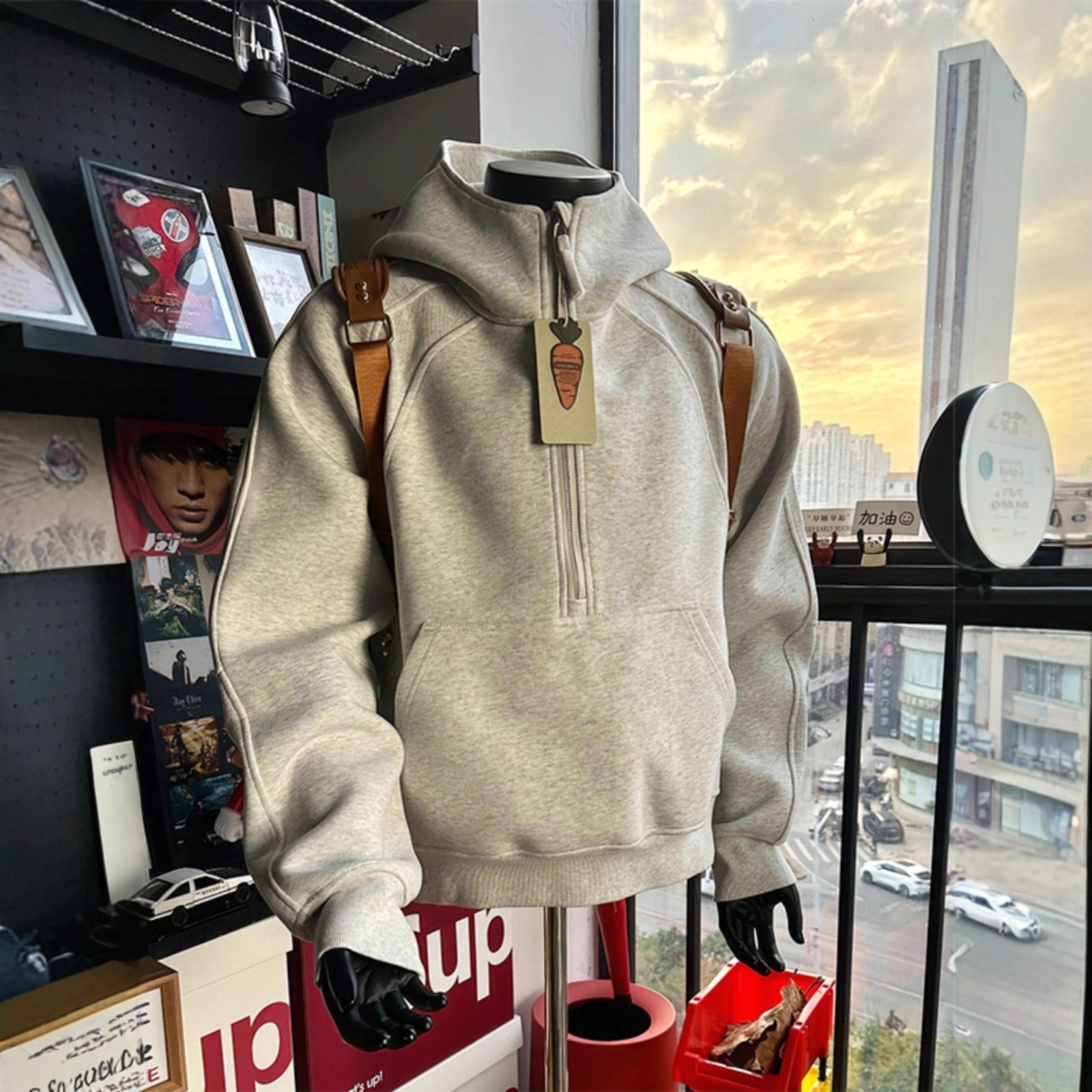 美式半拉链立领卫衣男款秋季小众解构外套cleanfit重磅硬挺连帽衫