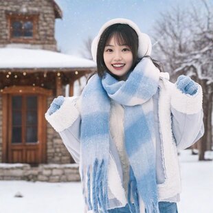 围巾冬季女高级感韩系复古撞色新款秋冬加厚保暖格子流苏围脖披肩