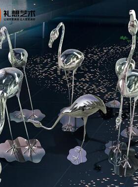 不锈钢仙鹤雕塑火烈鸟庭院水池样板间摆件可定制景观户外广场公园