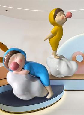 卡通云朵吹泡泡兔耳女孩摆件可爱云朵小孩玻璃钢人物雕塑酒店装饰