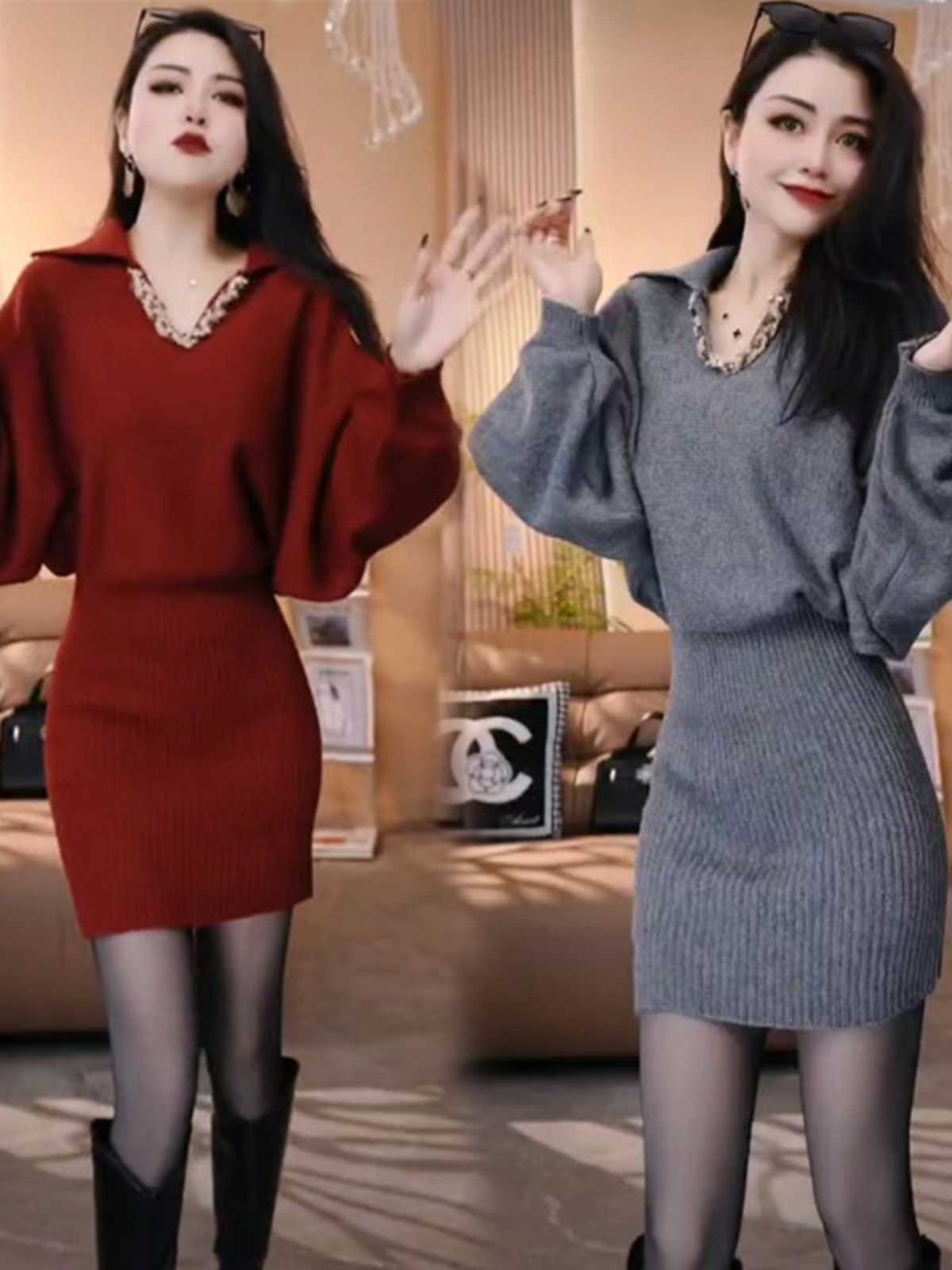 2025新款蝙蝠袖宽松V领针织连衣裙女气质收腰显瘦百搭毛衣包臂裙