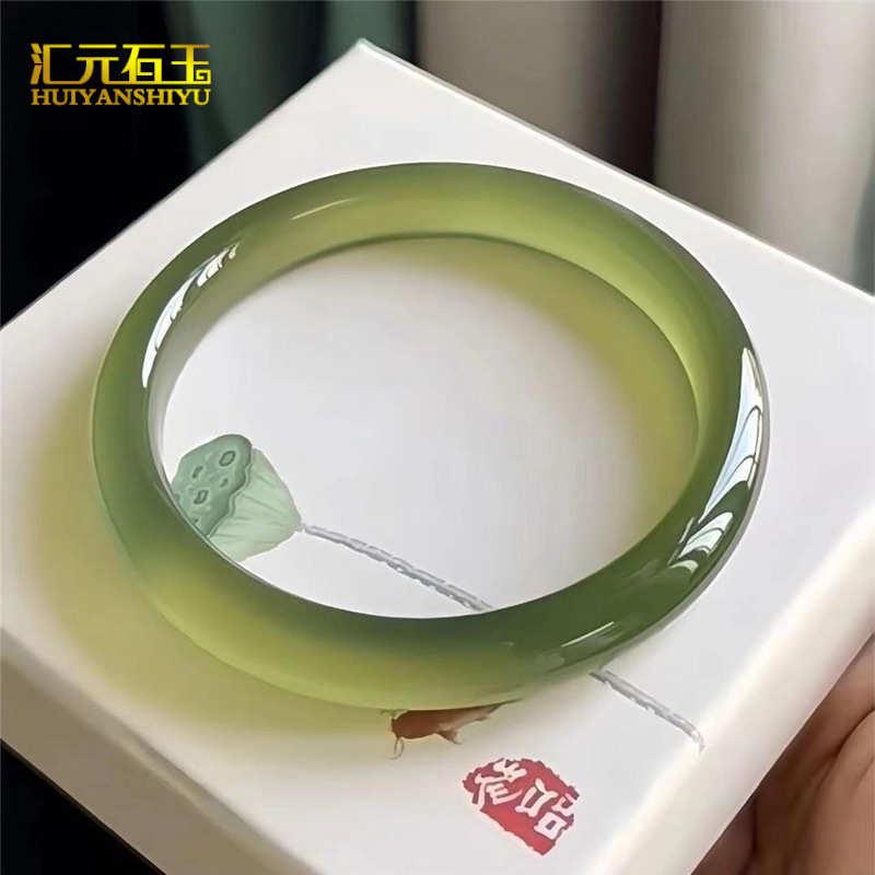 巴西冰种梅子青色远山黛玛瑙手镯抹茶绿苦茶冰玉髓冰透圆条玉镯子