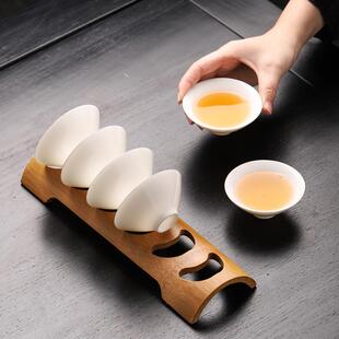 家用陶瓷茶具品茗杯茶盏待客茶杯带沥水杯架 羊脂玉白瓷斗笠杯套装