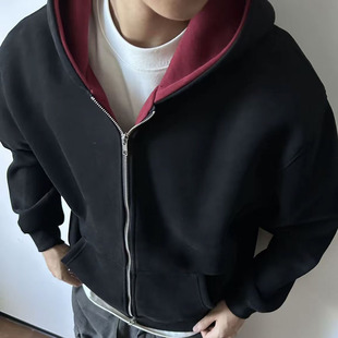 开衫 重磅boxy拉链卫衣外套美式 黑色休闲秋冬情侣款 宽松连帽衫 短款