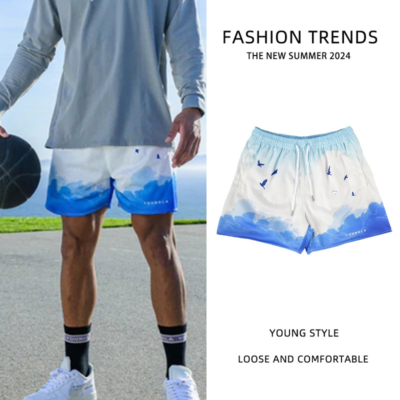 夏季新款篮球短裤美式四分裤男士宽松透气训练裤网眼速干运动裤子