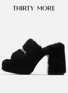 Thirty More高跟凉拖鞋女2025秋冬新款时尚羊羔毛外穿粗跟一字拖