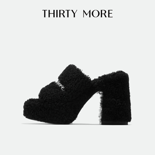 Thirty More高跟凉拖鞋女2025秋冬新款时尚羊羔毛外穿粗跟一字拖