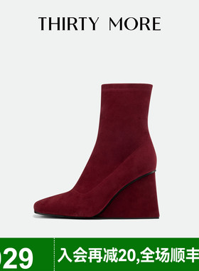 【智感翻红】Thirty More红色高跟短靴女2025秋冬新款复古时装靴