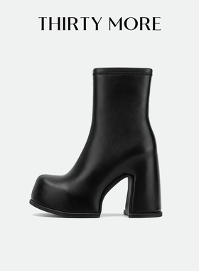 【时空恋人】Thirty More粗跟短筒靴女2024秋冬新款防水台瘦瘦靴