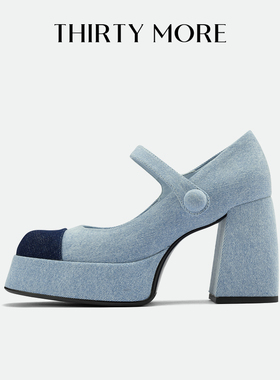 【玩转牛仔】Thirty More复古玛丽珍鞋女2026春季新款粗高跟单鞋