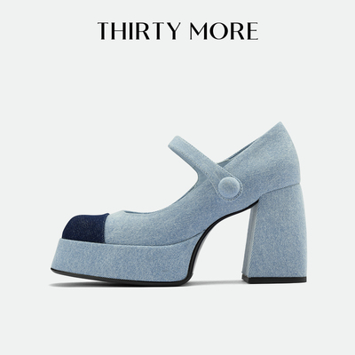 【玩转牛仔】Thirty More复古玛丽珍鞋女2026春季新款粗高跟单鞋
