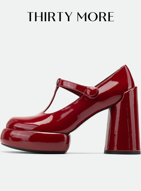 【法式浪漫】Thirty More粗跟玛丽珍鞋女2025秋冬新款红色高跟鞋