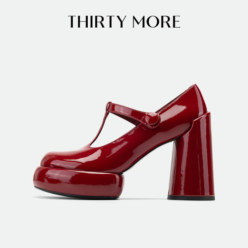 【法式浪漫】Thirty More粗跟玛丽珍鞋女2025秋冬新款红色高跟鞋
