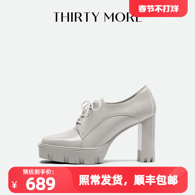 Thirty More粗跟乐福鞋女2024春新款开边珠牛皮方头单鞋高跟女鞋