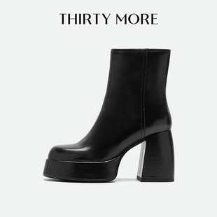 Thirty More粗高跟短女靴经典新款防水台胎牛皮时装靴短筒靴女鞋