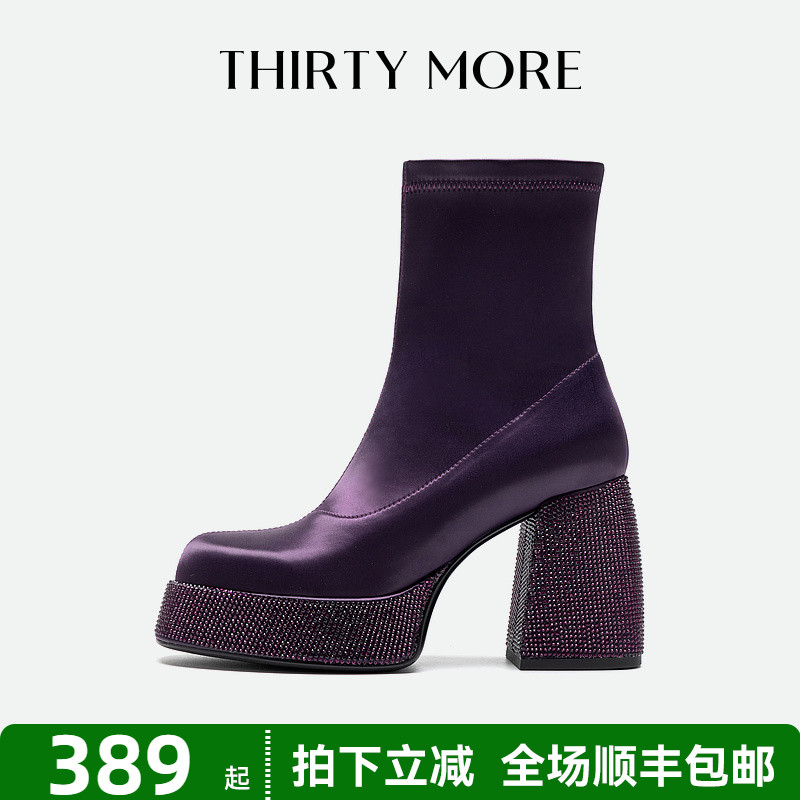 Thirty More真丝布弹力靴冬夏新款厚底女鞋短筒靴粗跟时装靴