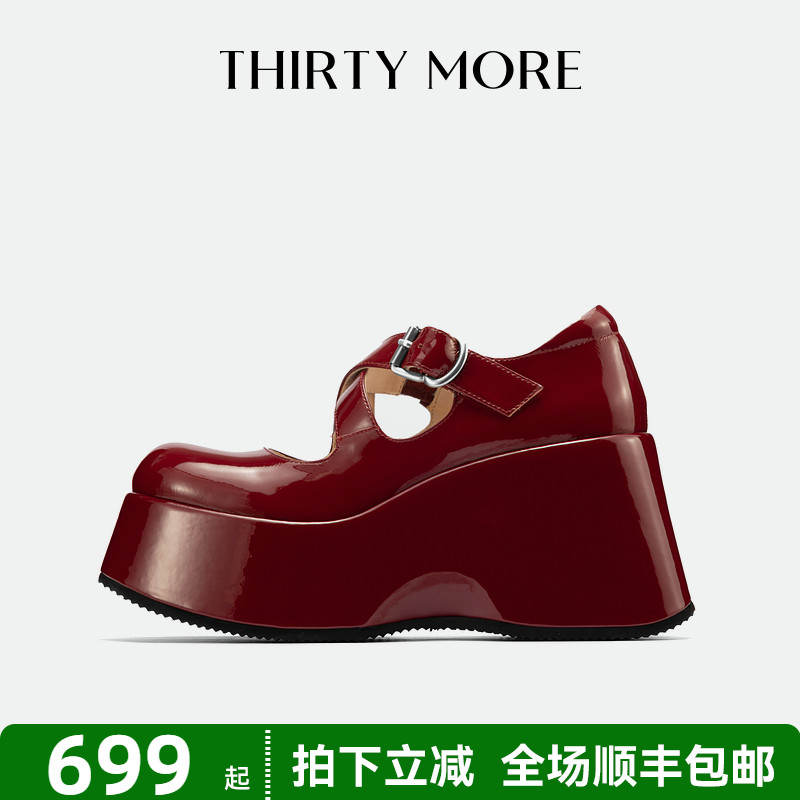 【甜蜜日记】Thirty More复古玛丽珍鞋女2025春季新款酒红色皮鞋