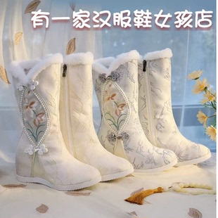 冬季新款加绒汉服靴子老北京布靴内增高民族风加绒棉鞋女绣花棉靴